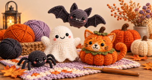 Halloween crochet patterns with ghosts, bats, cats and spiders