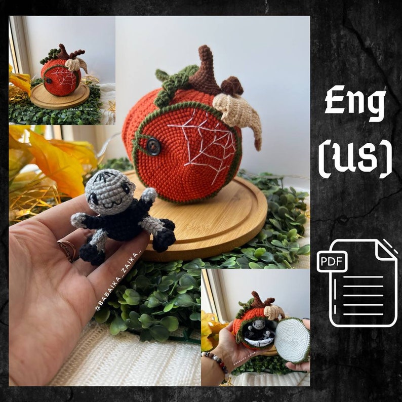 Crochet pumpkin house with a tiny spider