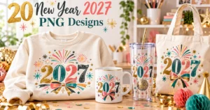 New Year 2027 PNG designs on a sweatshirt, mug, tumbler and tote bag